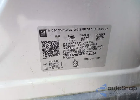 2019 Chevrolet Equinox Ls z USA, uszkodzony, nr VIN 3GNAXHEV0KL165126